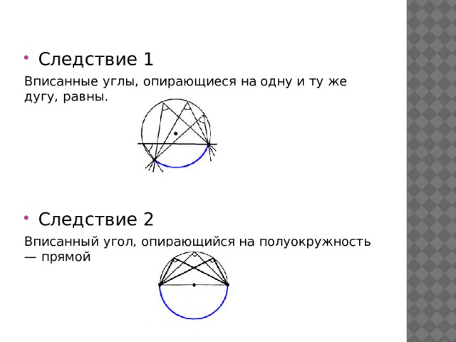 Следствие 1 Вписанные углы, опирающиеся на одну и ту же дугу, равны. Следствие 2