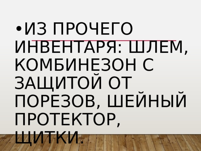 • Из прочего инвентаря: шлем, комбинезон с защитой от порезов, шейный протектор, щитки.