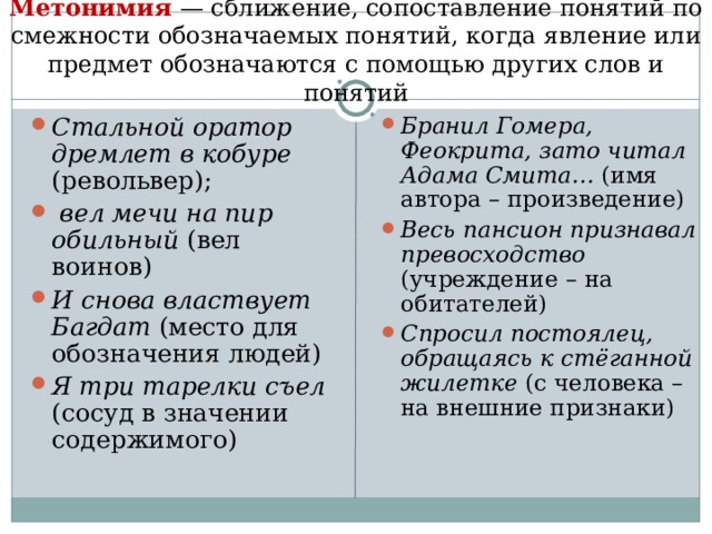 Метонимия — сближение, сопоставление понятий по смежности обозначаемых понятий, когда явление или предмет обозначаются с помощью других слов и понятий