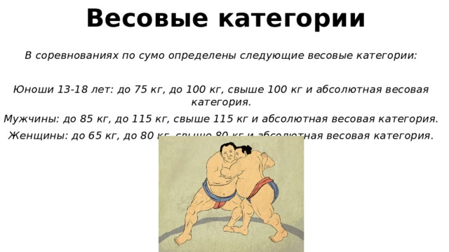 Весовые категории В соревнованиях по сумо определены следующие весовые категории:  Юноши 13-18 лет: до 75 кг, до 100 кг, свыше 100 кг и абсолютная весовая категория. Мужчины: до 85 кг, до 115 кг, свыше 115 кг и абсолютная весовая категория. Женщины: до 65 кг, до 80 кг, свыше 80 кг и абсолютная весовая категория.