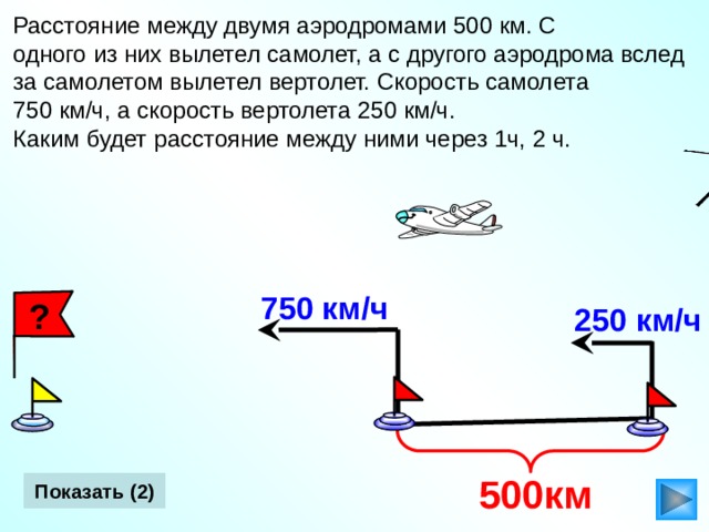 Расстояние между двумя аэродромами 500 км. С одного из них вылетел самолет, а с другого аэродрома вслед за самолетом вылетел вертолет. Скорость самолета 750 км/ч, а скорость вертолета 250 км/ч. Каким будет расстояние между ними через 1ч, 2 ч. 750 км/ч  ? 250 км/ч Л.Г. Петерсон «Математика 4 класс». Урок 29, идея задачи 2. http://animashky.ru/index/0-24?3 Вертолет 17  500км  Показать (2) 22