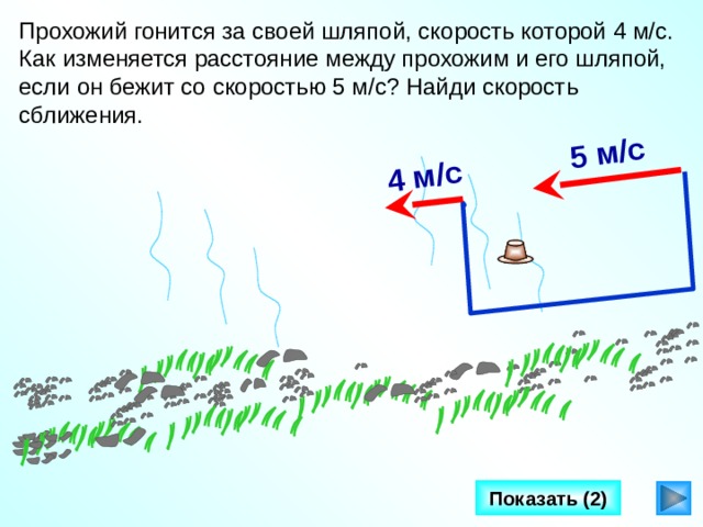 5 м/с 4 м/с Прохожий гонится за своей шляпой, скорость которой 4 м/с. Как изменяется расстояние между прохожим и его шляпой, если он бежит со скоростью 5 м/с? Найди скорость сближения. Л.Г. Петерсон «Математика 4 класс» Урок 24, задача 4. Сделайте клик по кнопке «Показать» ( 2 раза) http://gifchik.boom.ru/sport2.htm спортсмен а11   Показать (2) 4