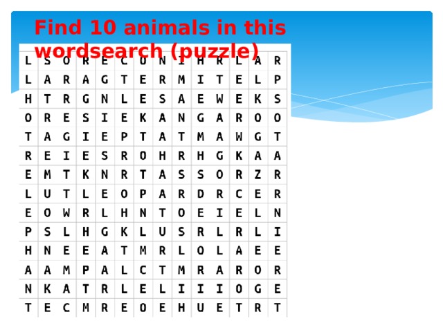 Find 10 animals in this wordsearch (puzzle)