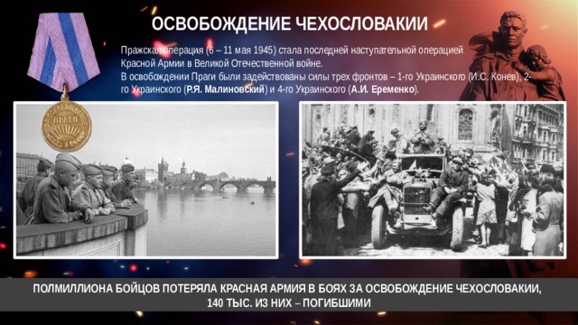 ОСВОБОЖДЕНИЕ ЧЕХОСЛОВАКИИ Пражская операция (6 – 11 мая 1945) стала последней наступательной операцией  Красной Армии в Великой Отечественной войне. В освобождении Праги были задействованы силы трех фронтов – 1-го Украинского (И.С. Конев), 2-го Украинского ( Р.Я. Малиновский ) и 4-го Украинского ( А.И. Еременко ). ПОЛМИЛЛИОНА БОЙЦОВ ПОТЕРЯЛА КРАСНАЯ АРМИЯ В БОЯХ ЗА ОСВОБОЖДЕНИЕ ЧЕХОСЛОВАКИИ, 140 ТЫС. ИЗ НИХ – ПОГИБШИМИ