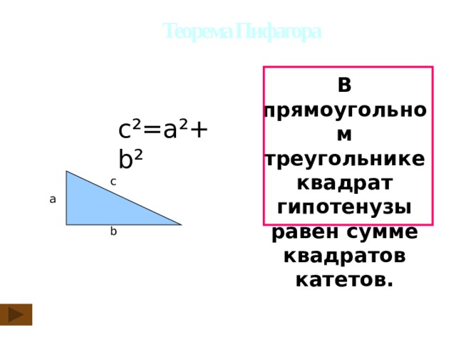 Теорема Пифагора  В прямоугольном треугольнике квадрат гипотенузы равен сумме квадратов катетов. c ²=a²+b² с а b 12