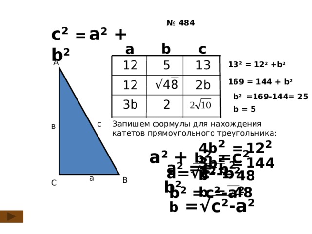 № 484 с ² =  а 2 + b 2 c b а 5 12 13 А 13 ² =  12 2 +b 2 169 =  144 + b 2 √ 48 12 2b  b 2 =169-144= 25  3b 2  b = 5  Запишем формулы для нахождения катетов прямоугольного треугольника: с в 4b ² =  12 2 + b 2  а 2 + b 2 =c ² 3b ² =  144  а 2 =c ²-b² b ² =  48  а= √c²-b² а В С b  = √ 48 b 2 =c ²-a²  b = √c²-a²