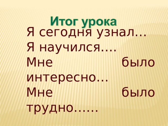 Я сегодня узнал… Я научился…. Мне было интересно… Мне было трудно……