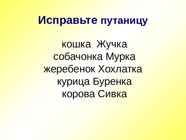 Исправьте путаницу кошка Жучка собачонка Мурка жеребенок Хохлатка курица Буренка корова Сивка