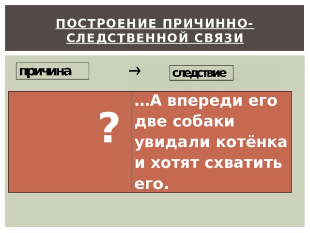 Построение причинно-следственной связи    ? … А впереди его две собаки увидали котёнка и хотят схватить его.    