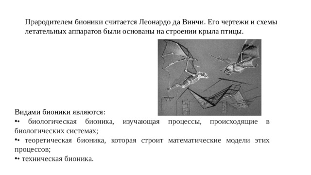 Прародителем бионики считается Леонардо да Винчи. Его чертежи и схемы летательных аппаратов были основаны на строении крыла птицы. Видами бионики являются: