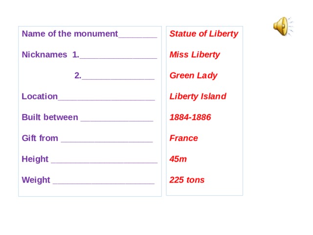 Name of the monument________ Statue of Liberty   Nicknames 1.________________ Miss Liberty   Green Lady  2._______________   Location____________________ Liberty Island   1884-1886 Built between _______________   Gift from ___________________ France   Height ______________________ 45m   Weight _____________________ 225 tons