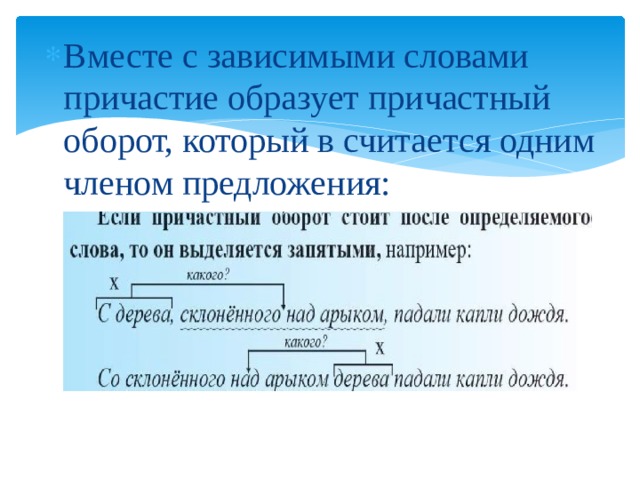 Вместе с зависимыми словами причастие образует причастный оборот, который в считается одним членом предложения: