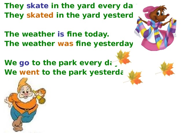 They  skate  in the yard every day.  They  skated  in the yard yesterday.   The weather  is fine today.  The weather  was fine yesterday.   We  go  to the park every day.  We  went  to the park yesterday.