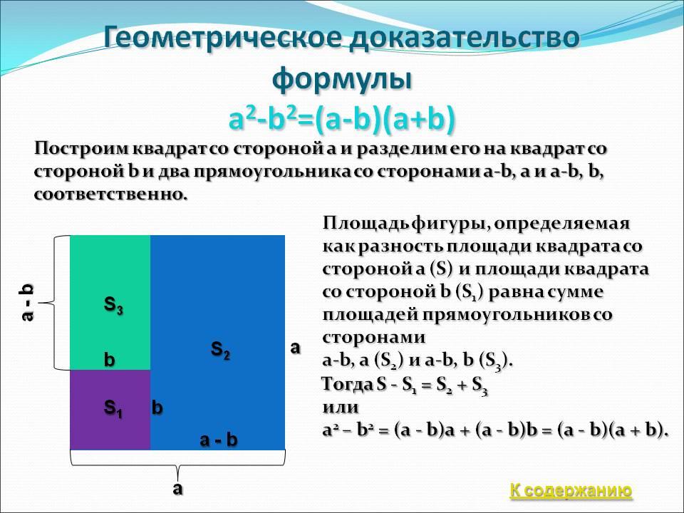 Доказательство квадрата. Геометрический способ доказательства формул сокращенного умножения. Геометрический смысл формул сокращённого умножения. Геометрическое доказательство формулы разности квадратов. Геометрическое доказательство формул сокращенного умножения.