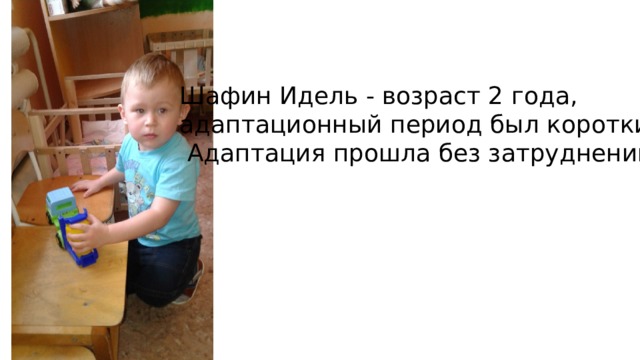 Шафин Идель - возраст 2 года, адаптационный период был короткий.  Адаптация прошла без затруднений.