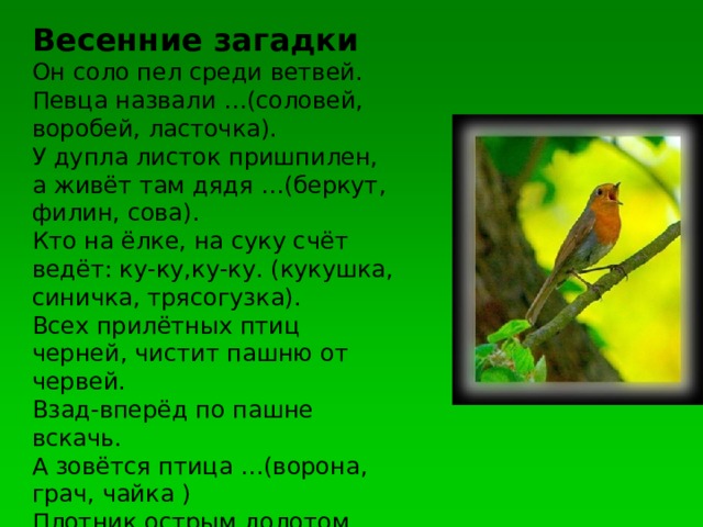 Весенние загадки Он соло пел среди ветвей. Певца назвали …(соловей, воробей, ласточка). У дупла листок пришпилен, а живёт там дядя …(беркут, филин, сова). Кто на ёлке, на суку счёт ведёт: ку-ку,ку-ку. (кукушка, синичка, трясогузка). Всех прилётных птиц черней, чистит пашню от червей. Взад-вперёд по пашне вскачь. А зовётся птица …(ворона, грач, чайка ) Плотник острым долотом строит дом с одним окном. (дятел, стриж, чиж)