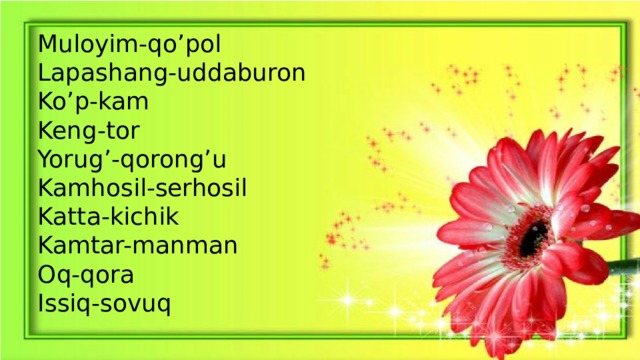 Muloyim-qo’pol Lapashang-uddaburon Ko’p-kam Keng-tor Yorug’-qorong’u Kamhosil-serhosil Katta-kichik Kamtar-manman Oq-qora Issiq-sovuq