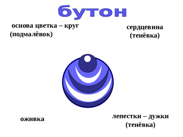 основа цветка – круг (подмалёвок) сердцевина (тенёвка) лепестки – дужки (тенёвка) оживка