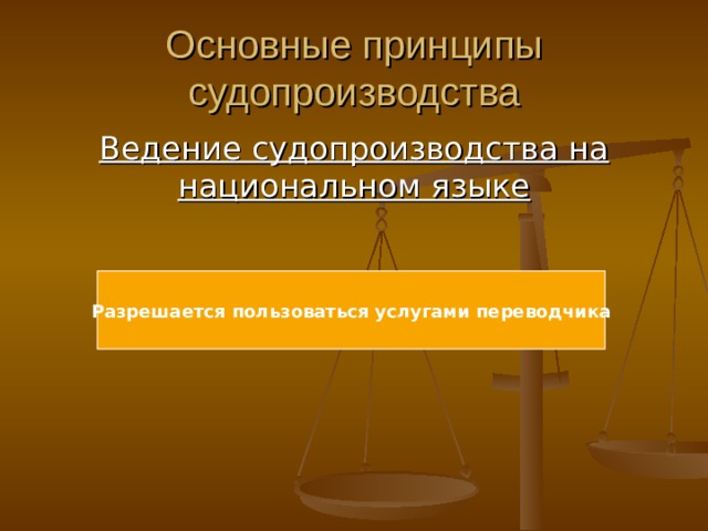 Основные принципы судопроизводства Ведение судопроизводства на национальном языке Разрешается пользоваться услугами переводчика