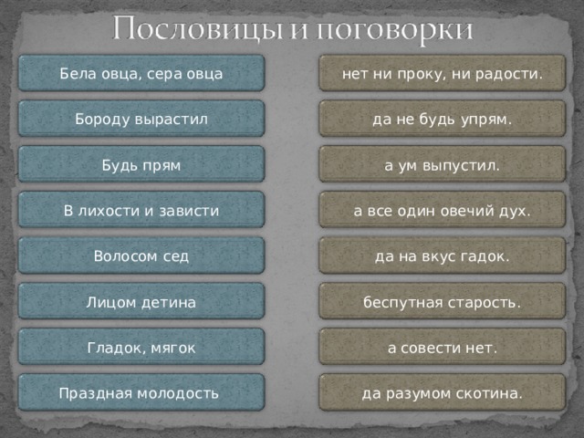 нет ни проку, ни радости. Бела овца, сера овца да не будь упрям. Бороду вырастил Будь прям а ум выпустил. В лихости и зависти а все один овечий дух. Волосом сед да на вкус гадок. Бела овца, сера овца, * а все один овечий дух. Бороду вырастил, * а ум выпустил. Будь прям, * да не будь упрям. В лихости и зависти* нет ни проку, ни радости. Волосом сед, * а совести нет. Лицом детина, * да разумом скотина. Гладок, мягок, * да на вкус гадок. Праздная молодость - * беспутная старость. Лицом детина беспутная старость. а совести нет. Гладок, мягок да разумом скотина. Праздная молодость 8