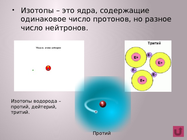 Изотопы – это ядра, содержащие одинаковое число протонов, но разное число нейтронов.