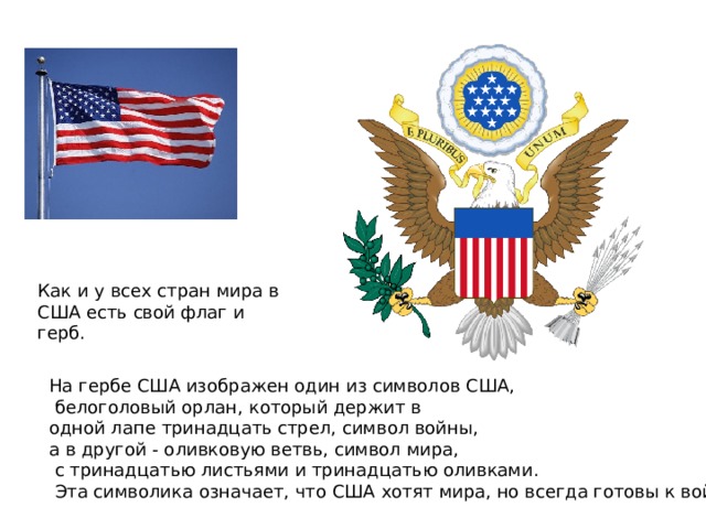 Как и у всех стран мира в США есть свой флаг и герб. На гербе США изображен один из символов США,  белоголовый орлан, который держит в одной лапе тринадцать стрел, символ войны, а в другой - оливковую ветвь, символ мира,  с тринадцатью листьями и тринадцатью оливками.  Эта символика означает, что США хотят мира, но всегда готовы к войне.