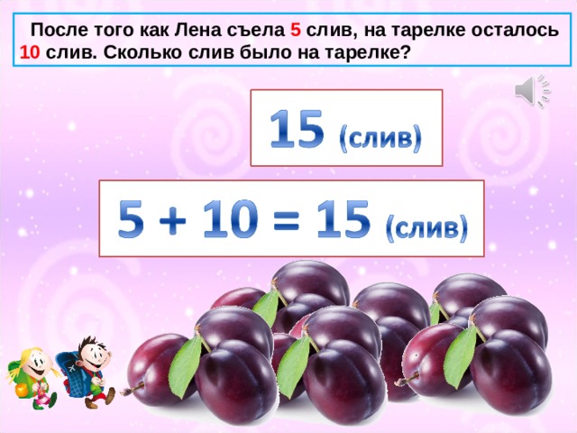 После того как Лена съела 5 слив, на тарелке осталось 10 слив. Сколько слив было на тарелке?