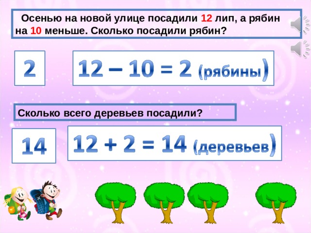 Осенью на новой улице посадили 12 лип, а рябин на 10 меньше. Сколько посадили рябин? Сколько всего деревьев посадили?