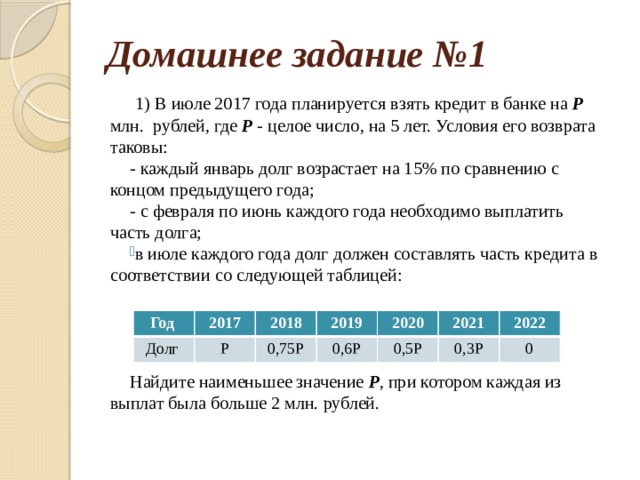 планируется взять льготный кредит на целое число миллионов рублей на 5 лет в середине
