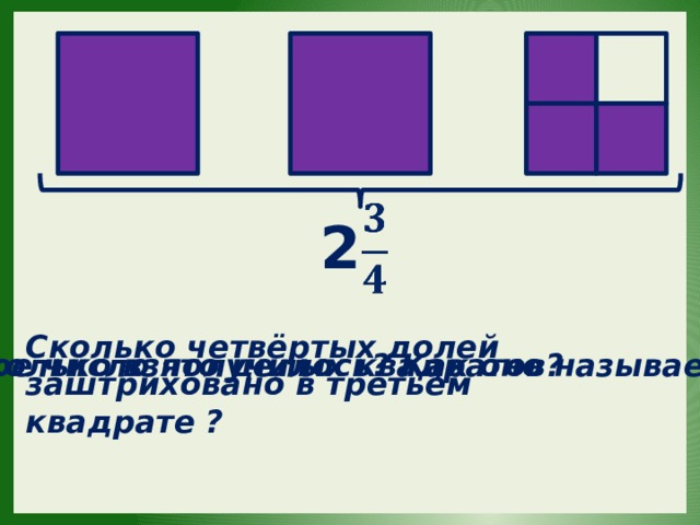   2 Сколько четвёртых долей заштриховано в третьем квадрате ? Сколько взято целых квадратов? Какое число получилось? Как оно называется?