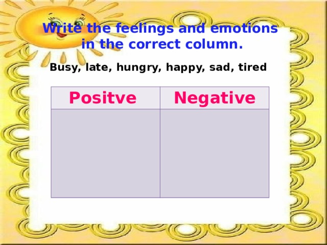 Write the feelings and emotions  in the correct column.   Busy, late, hungry, happy, sad, tired Positve Negative