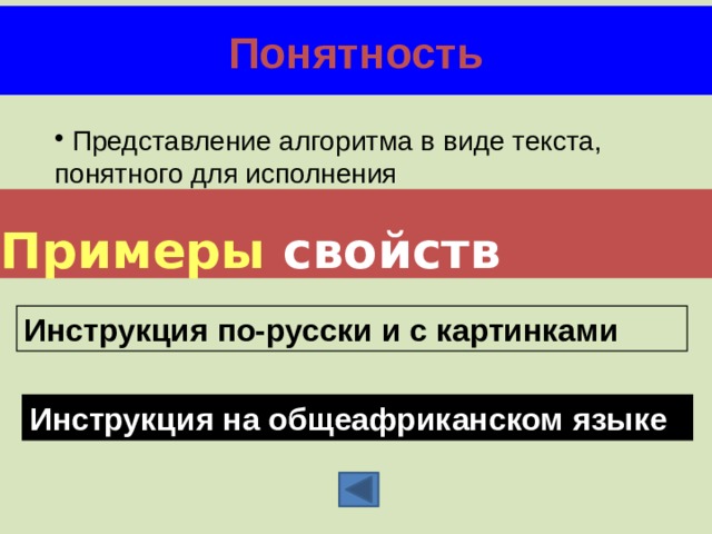 Понятность  Представление алгоритма в виде текста, понятного для исполнения  Примеры  свойств Инструкция по-русски и с картинками Инструкция на общеафриканском языке