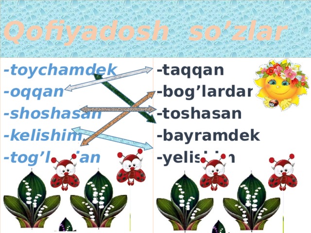 Qofiyadosh so’zlar -toychamdek -taqqan -bog’lardan -oqqan -shoshasan -toshasan -kelishim -bayramdek -tog’lardan -yelishim