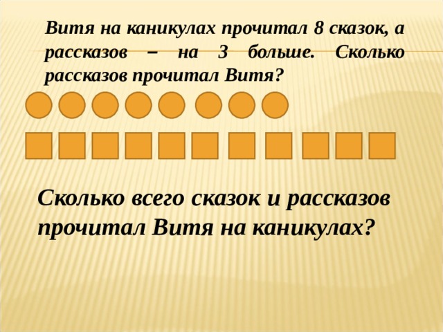 Витя на каникулах прочитал 8 сказок, а рассказов – на 3 больше. Сколько рассказов прочитал Витя? Сколько всего сказок и рассказов прочитал Витя на каникулах?