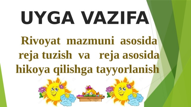 UYGA VAZIFA Rivoyat mazmuni asosida reja tuzish va reja asosida hikoya qilishga tayyorlanish