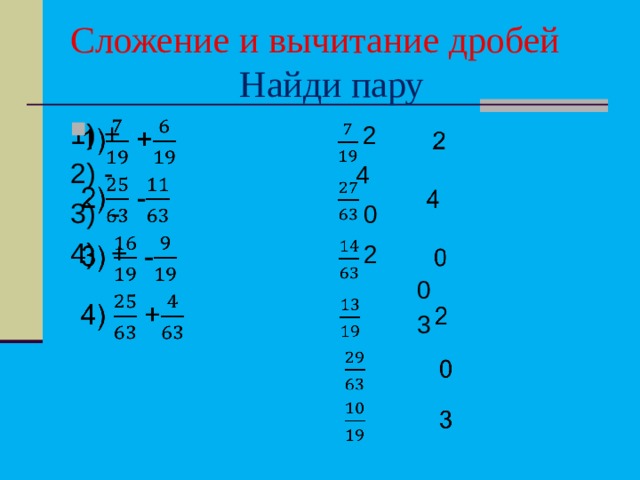 Сложение и вычитание дробей   Найди пару 1) + 2   2) - 4 3) - 0 4) + 2  0  3