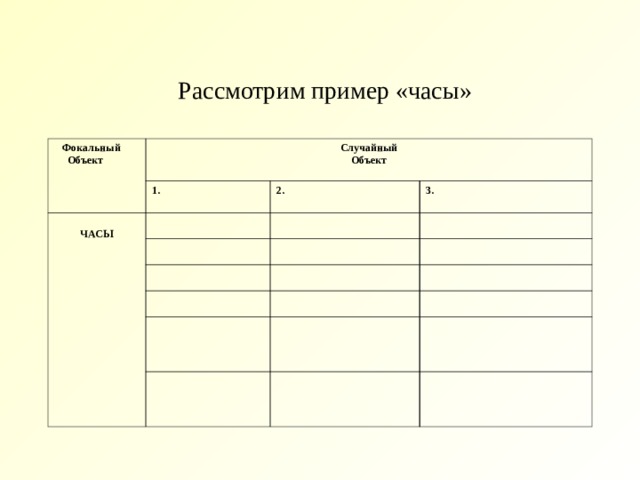 Рассмотрим пример «часы»  Фокальный  Объект Случайный Объект 1.  ЧАСЫ 2.  3.