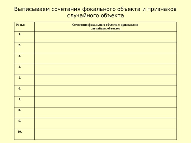 Выписываем сочетания фокального объекта и признаков случайного объекта № п.п Сочетания фокального объекта с признаками случайных объектов  1.  2.  3.  4.  5.  6.  7.  8.  9.  10.