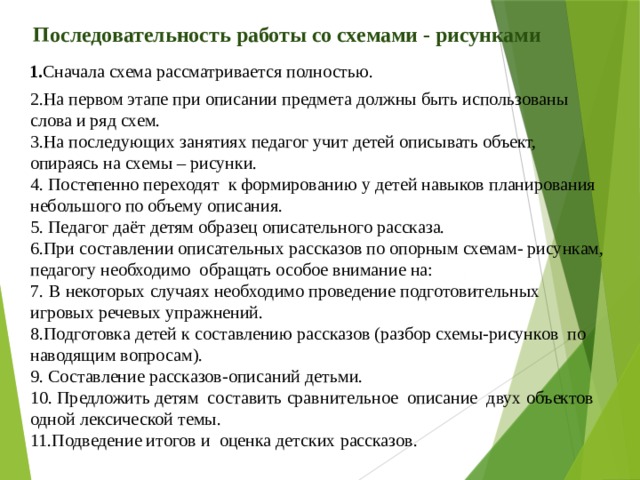 Последовательность работы со схемами - рисунками 1. Сначала схема рассматривается полностью. 2.На первом этапе при описании предмета должны быть использованы слова и ряд схем. 3.На последующих занятиях педагог учит детей описывать объект, опираясь на схемы – рисунки. 4. Постепенно переходят к формированию у детей навыков планирования небольшого по объему описания. 5. Педагог даёт детям образец описательного рассказа. 6.При составлении описательных рассказов по опорным схемам- рисункам, педагогу необходимо  обращать особое внимание на: 7.  В некоторых случаях необходимо проведение подготовительных игровых речевых упражнений. 8.Подготовка детей к составлению рассказов (разбор схемы-рисунков по наводящим вопросам). 9. Составление рассказов-описаний детьми. 10. Предложить детям составить сравнительное  описание  двух объектов  одной лексической темы. 11.Подведение итогов и  оценка детских рассказов.