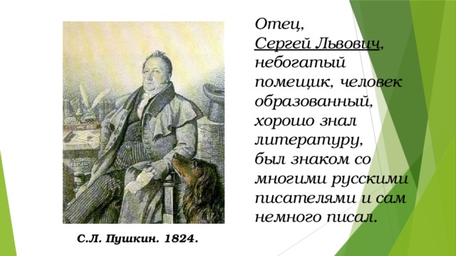 Отец, Сергей Львович , небогатый помещик, человек образованный, хорошо знал литературу, был знаком со многими русскими писателями и сам немного писал. С.Л. Пушкин. 1824.