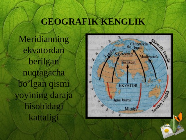 GEOGRAFIK KENGLIK Meridianning ekvatordan berilgan nuqtagacha bo’lgan qismi yoyining daraja hisobidagi kattaligi
