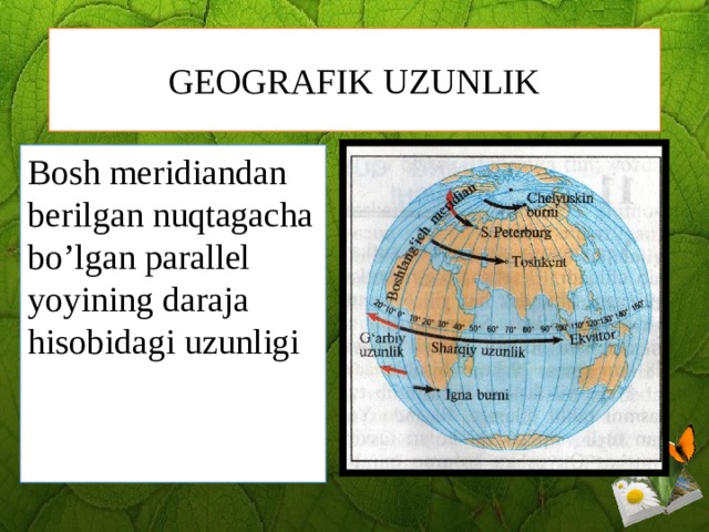 GEOGRAFIK  UZUNLIK Bosh meridiandan berilgan nuqtagacha bo’lgan parallel yoyining daraja hisobidagi uzunligi