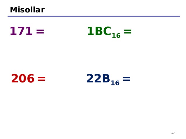 Misollar 171  = 1BC 16 = 206  = 22B 16 = 17