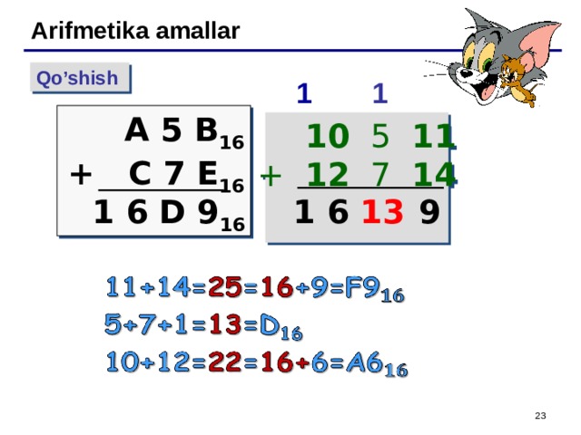 Arifmetika amallar Qo’shish 1 1 A 5 B 16 + C 7 E 16 10 5 11 + 12 7 14 1 6 D 9 16 13 9 6 1   23 19