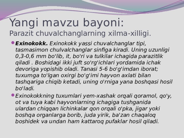 Yangi mavzu bayoni:  Parazit chuvalchanglarning xilma-xilligi.