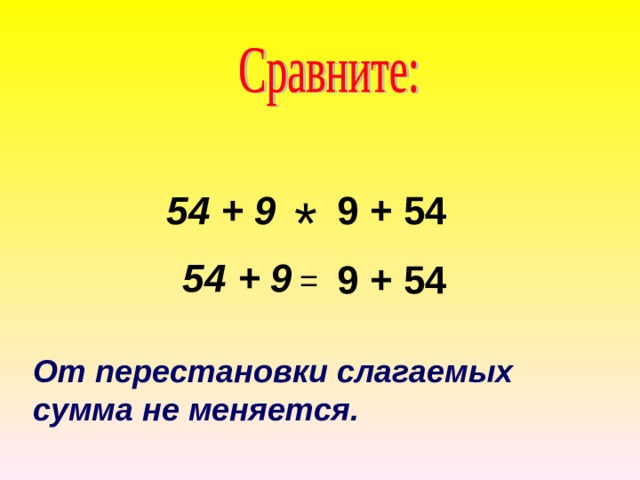 54 + 9 * 9 + 54  54 + 9 9 + 54  = От перестановки слагаемых сумма не меняется.