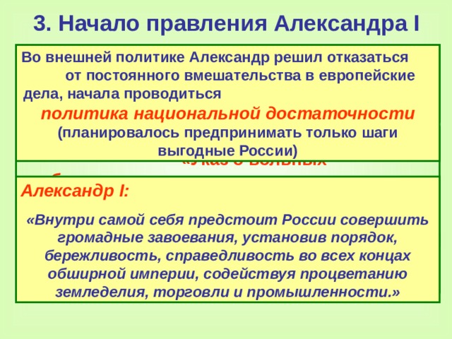 3. Начало правления Александра I 12 декабря 1801 г. вышел указ о праве приобретения земель купцами, мещанами, государственными крестьянами, отпущенными на волю крепостными. Монополия дворян на землю кончилась.  Во внешней политике Александр решил отказаться от постоянного вмешательства в европейские дела, начала проводиться политика национальной достаточности (планировалось предпринимать только шаги выгодные России)  20 февраля 1803 г. «Указ о вольных хлебопашцах» - крепостные с согласия хозяина могли целыми деревнями выкупать себя вместе с землей. Дворян перестали одаривать государственными крестьянами. Александр I : «Внутри самой себя предстоит России совершить громадные завоевания, установив порядок, бережливость, справедливость во всех концах обширной империи, содействуя процветанию земледелия, торговли и промышленности.» Александр I заботился о развитии образования в России – были открыты новые университеты в Петербурге, Дерпте, Казани, Харькове.