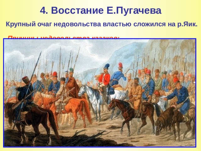 4. Восстание Е.Пугачева Крупный очаг недовольства властью сложился на р.Яик. Причины недовольства казаков:
