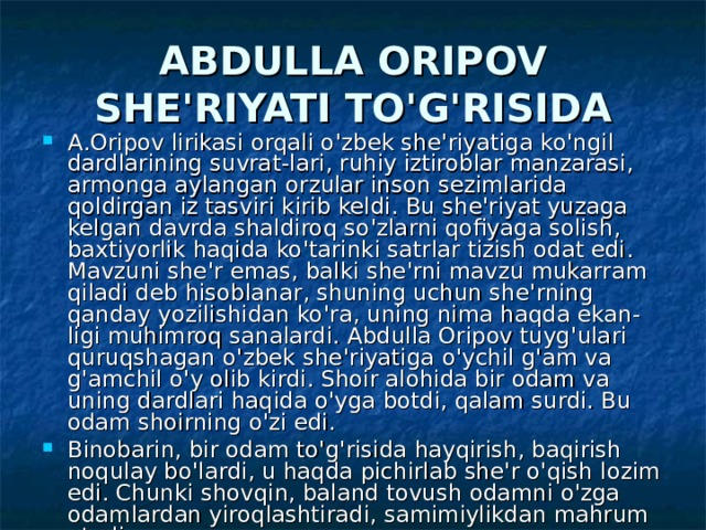 ABDULLA ORIPOV SHE'RIYATI TO'G'RISIDA