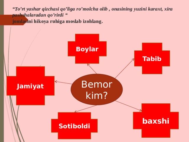 “ To’rt yashar qizchasi qo’liga ro’molcha olib , onasining yuzini karaxt, xira pashshalaradan qo’rirdi “  jumlasini hikoya ruhiga moslab izohlang. Boylar Tabib Jamiyat Bemor kim? baxshi Sotiboldi